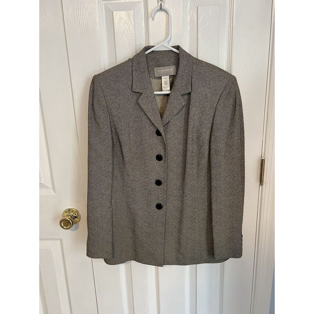 Liz Claiborne Womens 10 Petite Grey Acetate Long‎ Sleeve Button Down Blazer